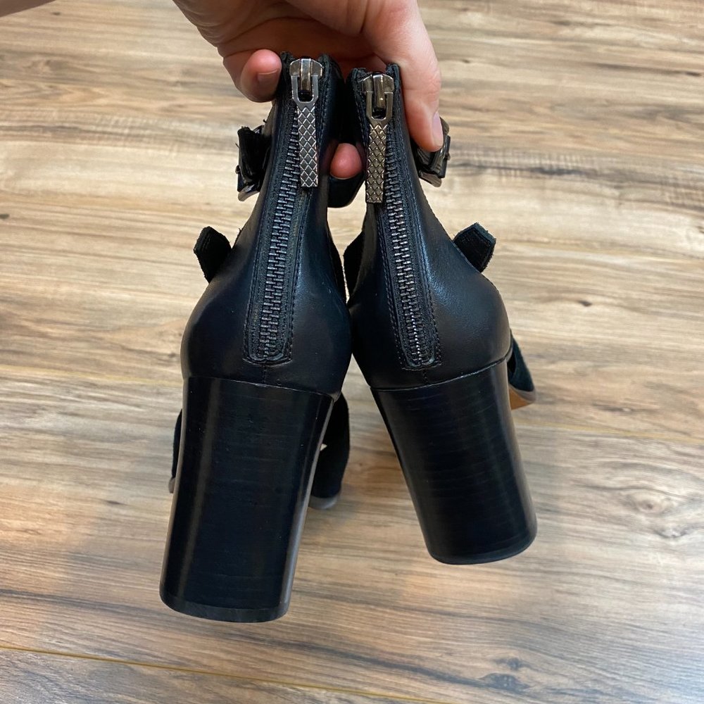 Donald Pliner Black Leather‎ Suede Strappy Open Toe Block Heel Sandals W9 Shoes - Picture 5 of 10